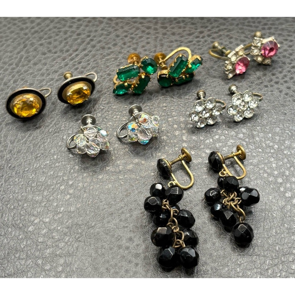 Vintage Screw Back Earring Lot 6 Pairs Crystal Green Pink Black Enamel 1 Czech